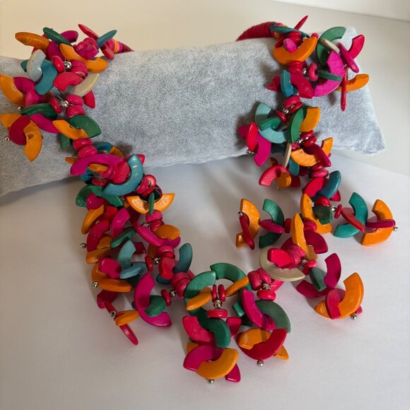 Boho Multicolor Wooden Bead Statement Necklace Chunky Tropical Artisan Jewelry - Picture 6 of 8